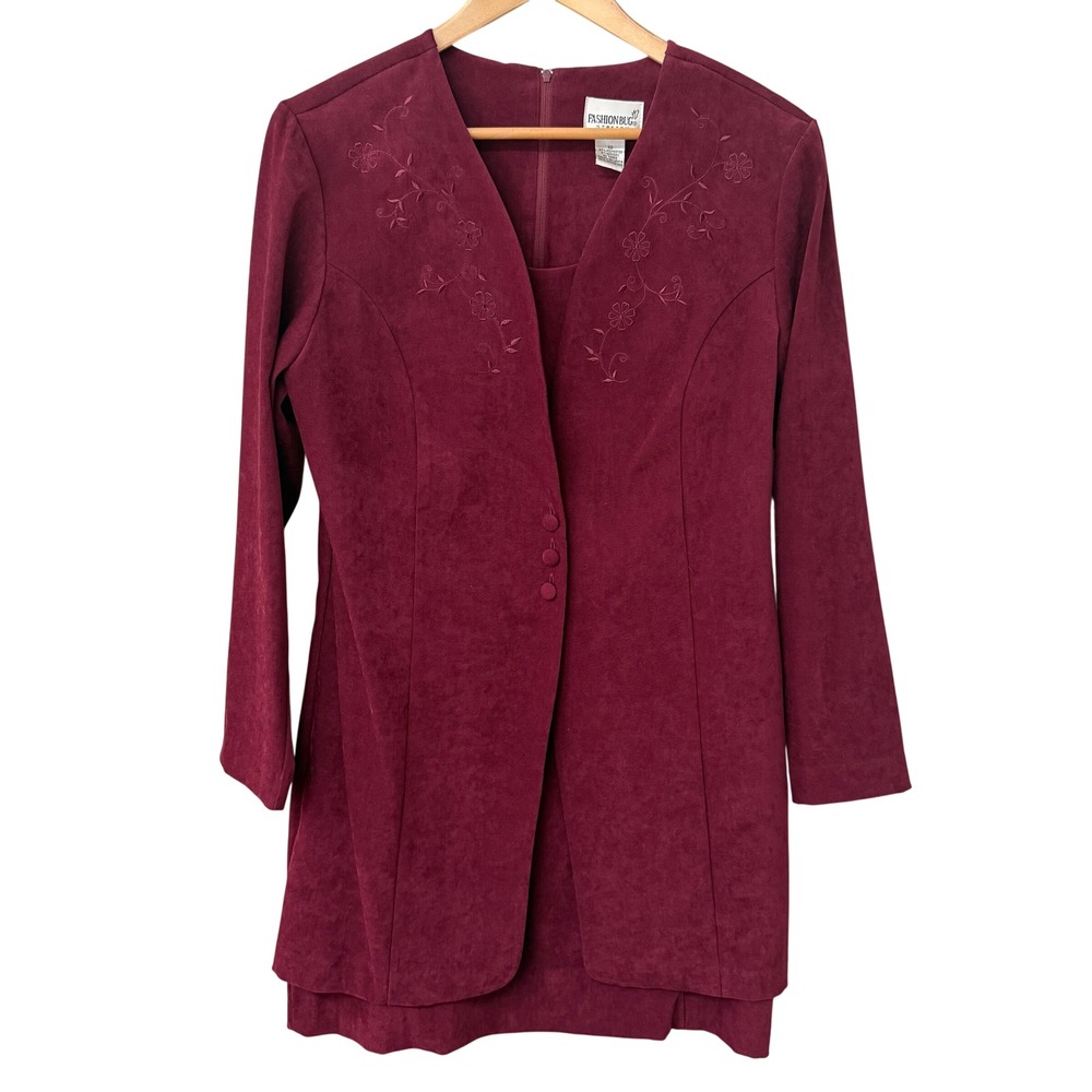 Vtg Fashion Bug Womens Embroidered Jacket Dress Suit Size 10 Burgundy Faux Suede